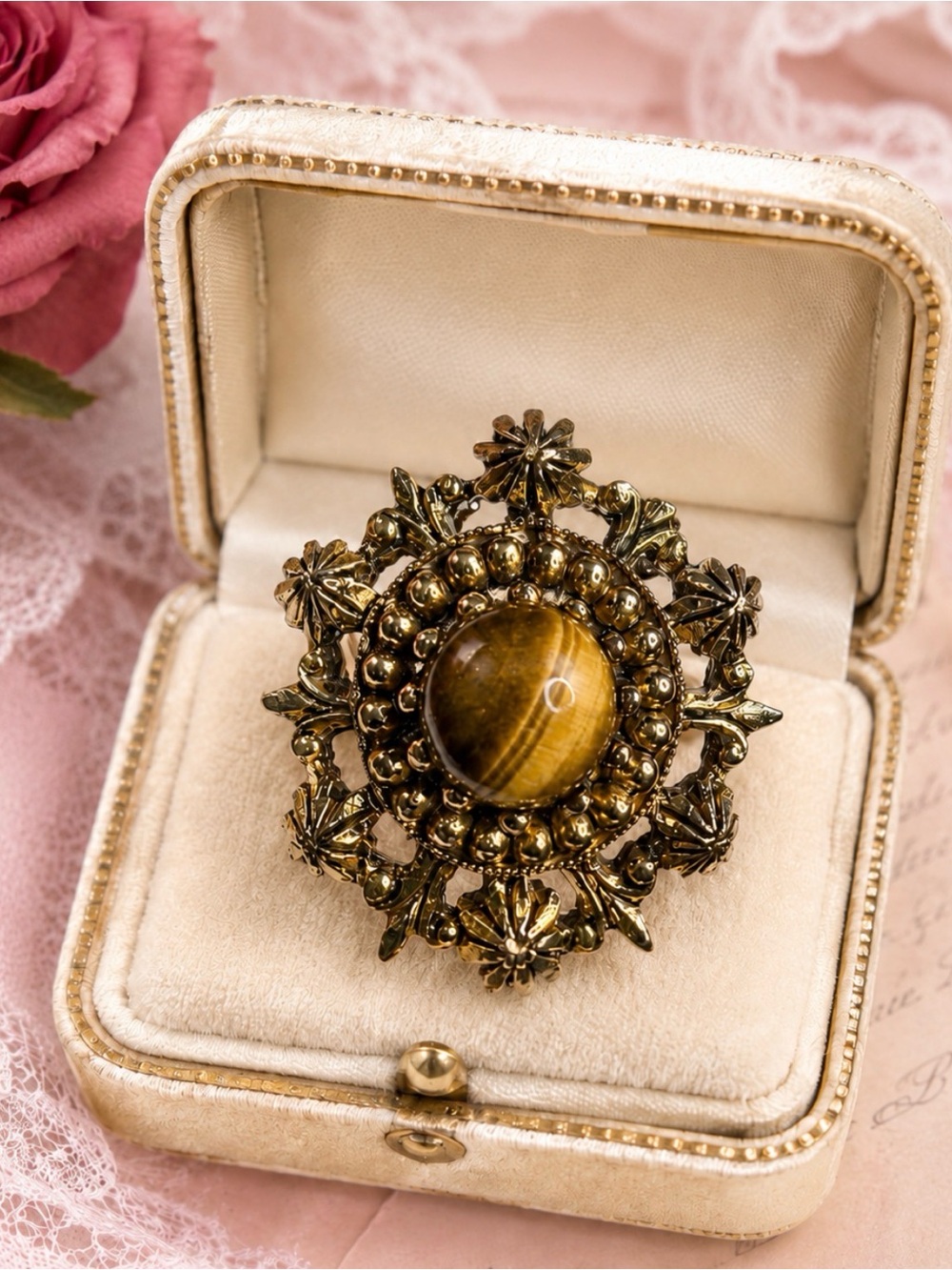 Ring Vintage Gold Over 925 Solid Sterling Silver Tigers Eye Genuine Gemstone